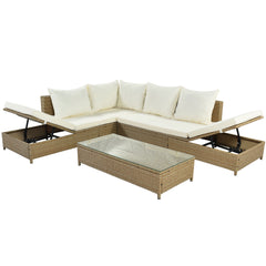 3-Piece Patio Rattan Sofa Set with Adjustable Chaise Lounge and Tempered Glass Table, Natural Brown+ Beige Cushion