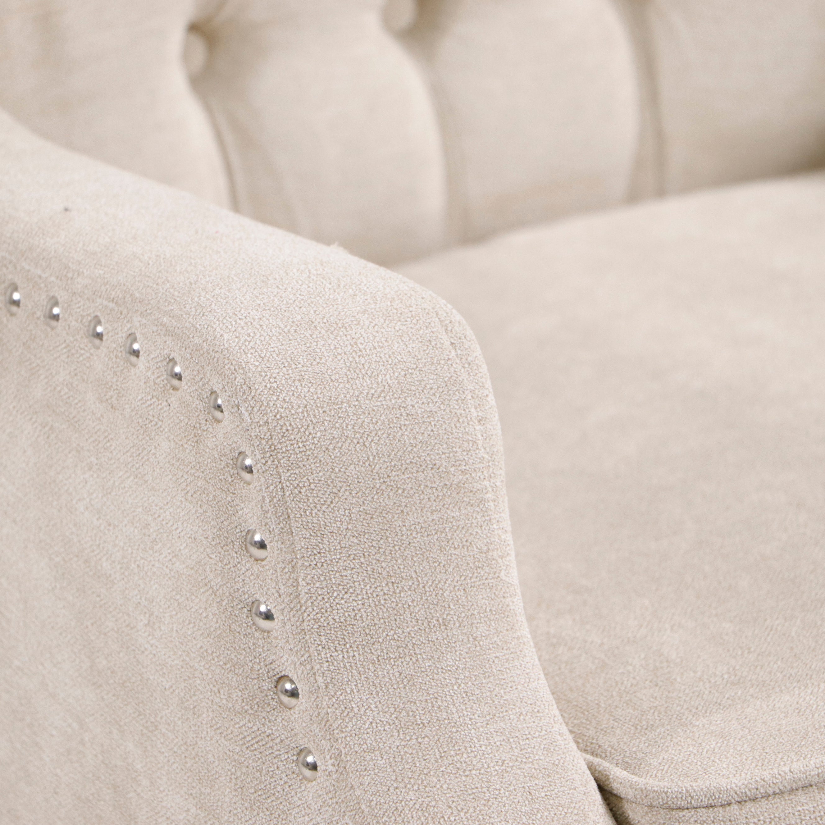 NOBLEMOOD Accent Chair with Vintage Brass Studs and Wood Legs, Button Tufted Upholstered Armchair, Beige