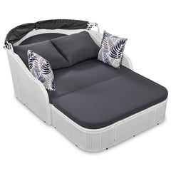 79.9" Outdoor Sunbed with Adjustable Canopy, Double lounge, PE Rattan Daybed, White Wicker, Gray Cushion