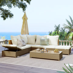 3-Piece Patio Rattan Sofa Set with Adjustable Chaise Lounge and Tempered Glass Table, Natural Brown+ Beige Cushion