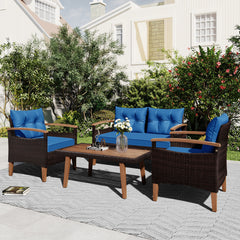 4-Piece Outdoor Sofa Set with Wood Table and Legs, Blue Cushions