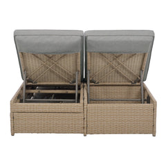 Outdoor Wicker Double Sunbed Chairs with Adjustable Backrest and Seat, Foldable Side Tray, Brown