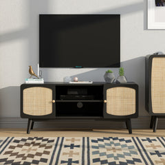 Boho TV Console with Rattan Doors for Bedroom & Living Room, Black