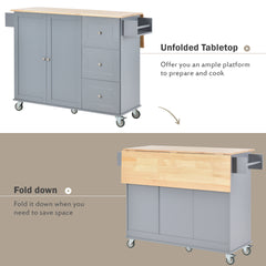 52.7" Rolling Mobile Kitchen Island with Solid Wood Top, Locking Wheels, Storage Cabinet, Drop Leaf Breakfast Bar, Spice Rack, Towel Rack & Drawer, Grey Blue