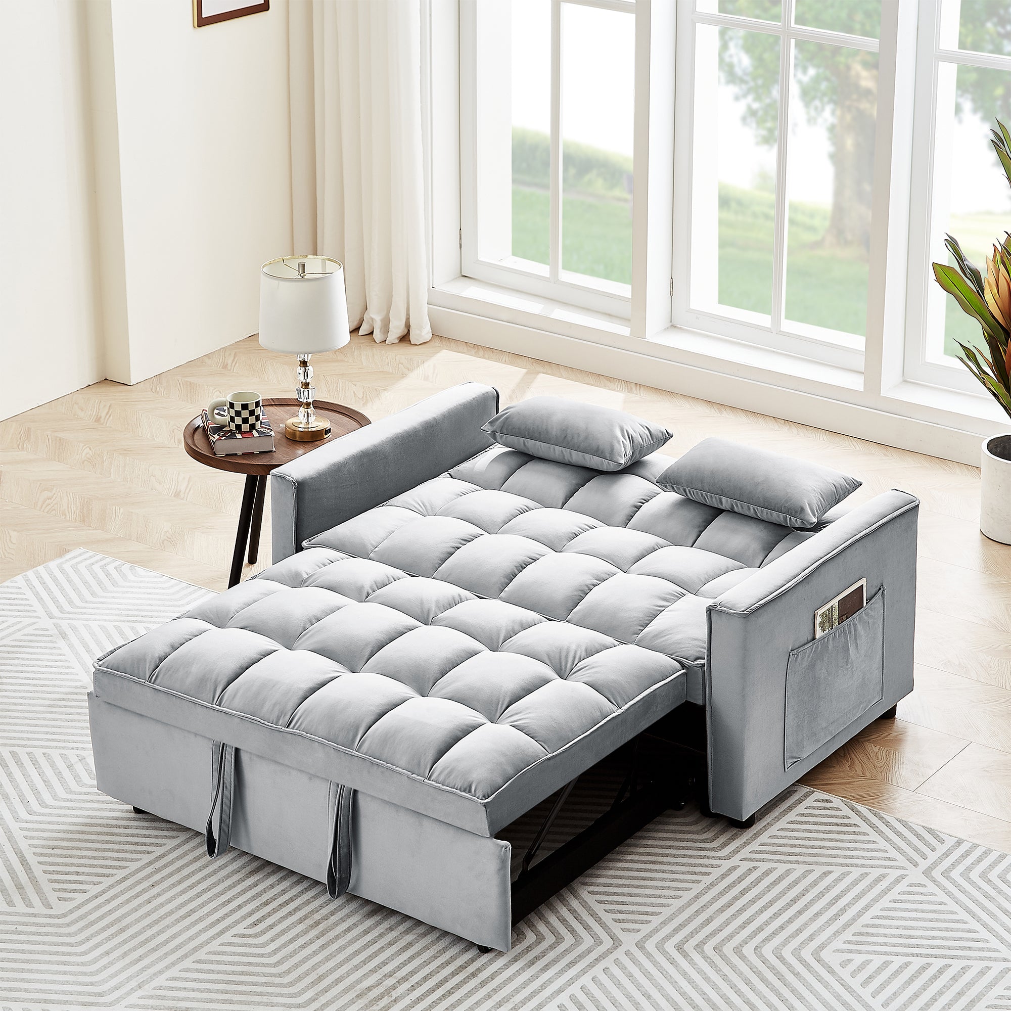 55" Sleeper Sofa Couch w/ Pull Out Bed,  Pillows & Side Pockets, Bright Gray