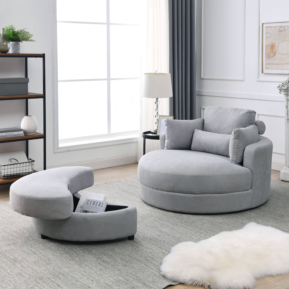 Swivel Accent Barrel Sofa Lounge Club Big Round Chair with Storage Ottoman, Pillows, Grey