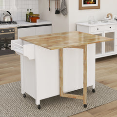 Kitchen Island with Lockable Wheels, Towel Rack, Storage Drawer & 3 Open Shelves, White