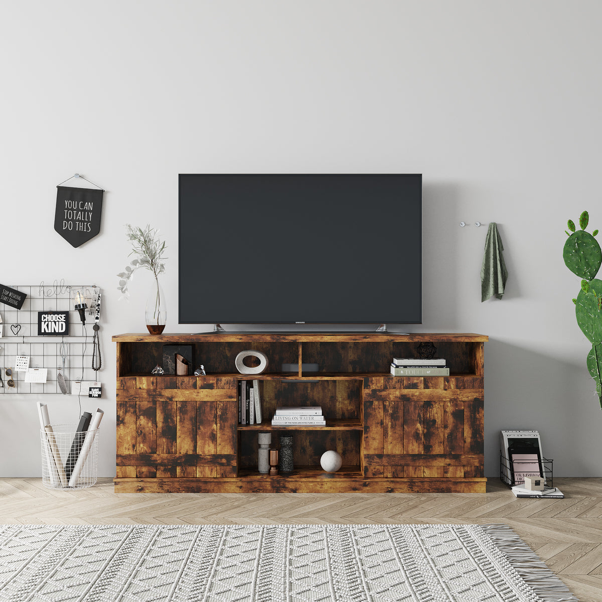 Modern Wood TV Stand with 3 Layers of Open Shelves & 2 Large-capacity Cabinets, Walnut