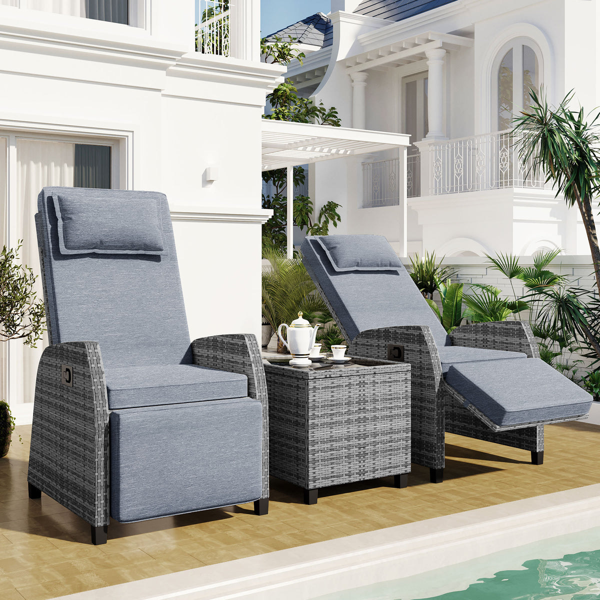 3 Pcs Outdoor Rattan Reclining Chair Set With Coffee Table, Head Pillow, Cushions, Grey