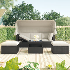 Outdoor Rectangle Daybed with Retractable Canopy, Cushions, Lifttop Coffee Table
