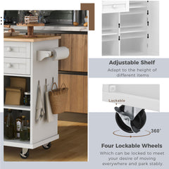 52.8" Width Kitchen Island Cart with Spice Rack, Towel Rack, Drawer, Rubber Wood Desktop & 5 Wheels Including 4 Lockable Wheels, White