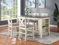 Modern Contemporary 5pc Counter Height High Dining Table with Storage Shelves & 4 High Chairs, Off White