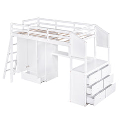 Twin Size Loft Bed with Wardrobe and Drawers, attached Desk with Shelves, White