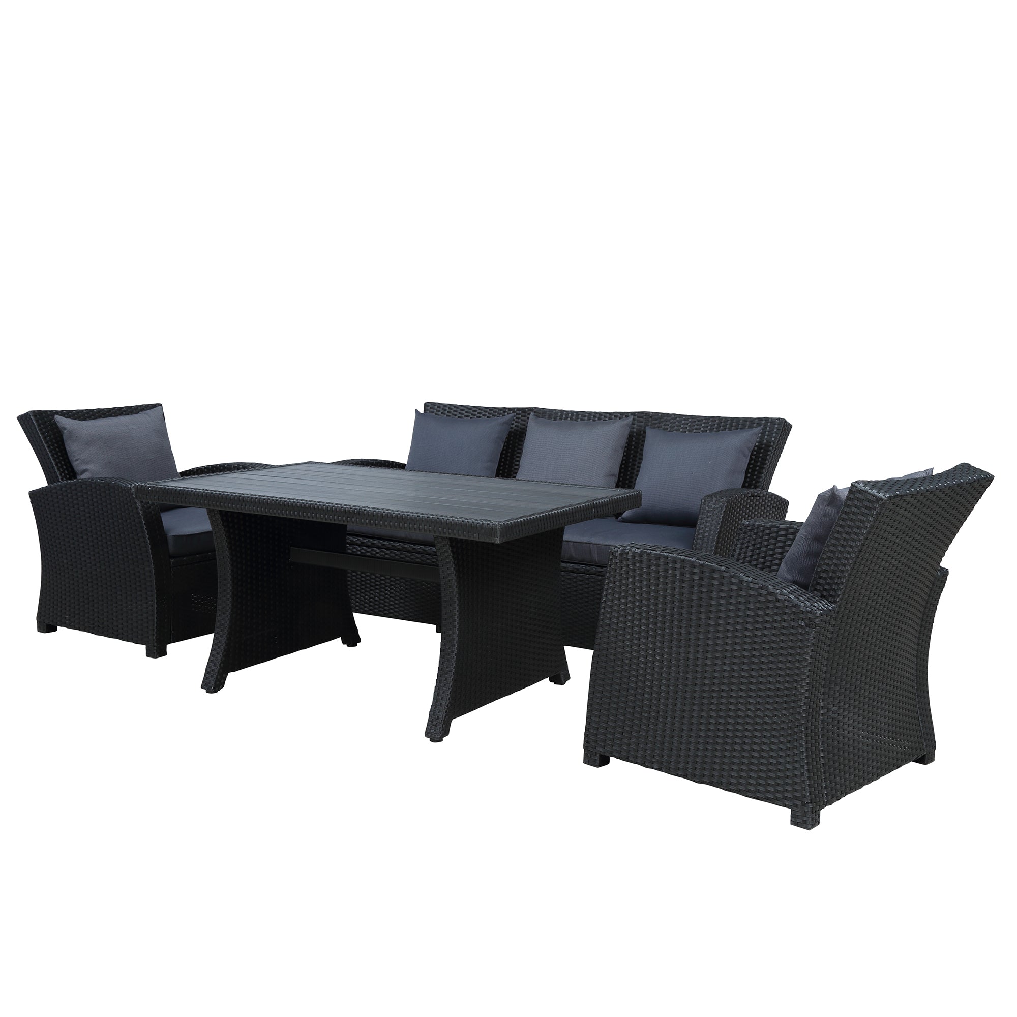 4-Piece Outdoor Black Wicker Furniture Sofa Set with Dark Grey Cushions