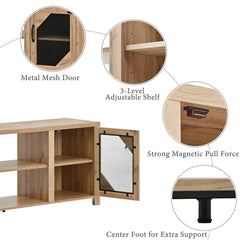 Modern TV Stand for 65” TV with Large Storage Space, 3 Levels Adjustable Shelves & Magnetic Cabinet Door, Natural Wood