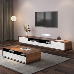 94" Modern Wood Fully-Assembled TV Stand with 4 Drawers, Open Storage Cabinet, Black Dividers & Walnut Veneer, White+Walnut