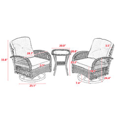 3 Pcs Outdoor Wicker Swivel Chair Set With Coffee Table and Gray Cushions