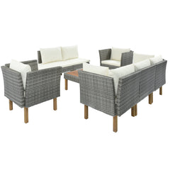 9-Piece Outdoor Gray Rattan Sofa Set with Wood Legs, Acacia Wood Tabletop, Armrest Chairs with Beige Cushions