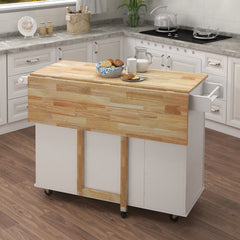 Kitchen Island with Spice Rack, Towel Rack & Extensible Solid Wood Table Top (White)