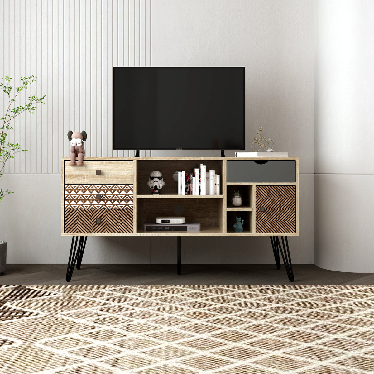 TV Stand with Storage Cabinet & Shelves, Natural