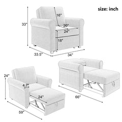 3-in-1 Single Pullout Sofa Bed Chair w/ Adjust Backrest & Curved Armrest, Beige