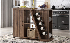 Kitchen Island Cart on Wheels with Adjustable Shelf & 5 Wine Holders, Brown