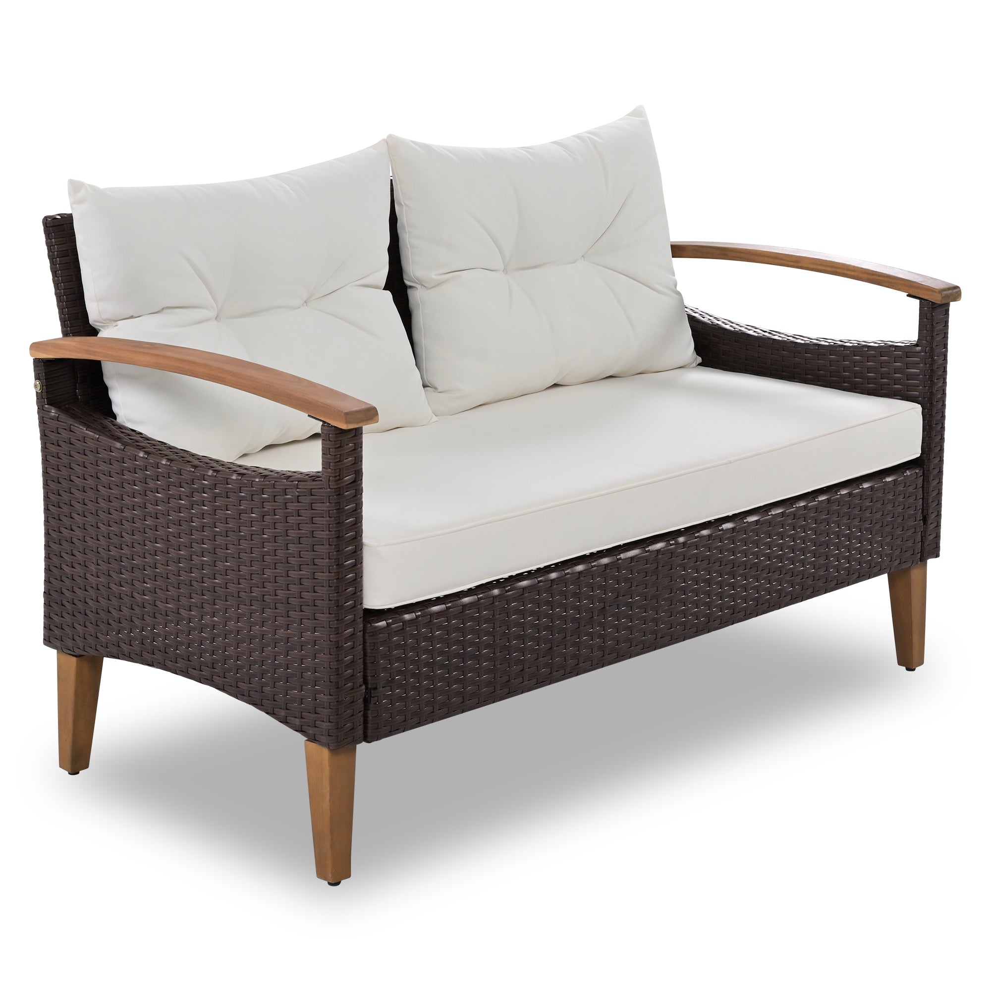 4-Piece PE Rattan Outdoor Sofa Chair Set with Wood Table and Legs