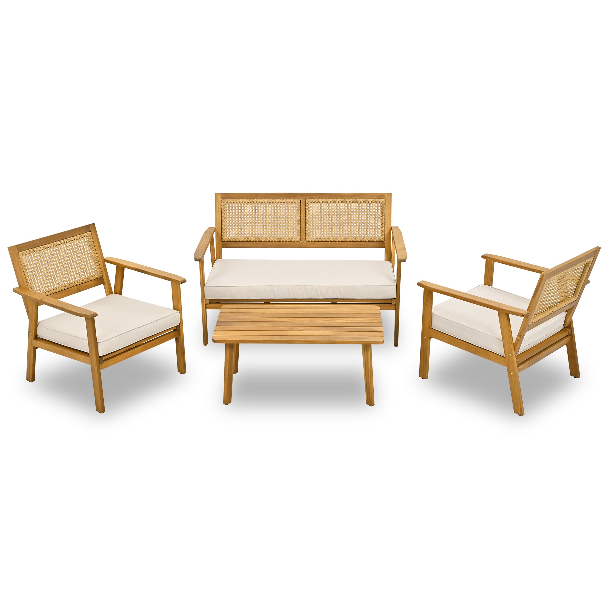 4 Pcs Acacia Wood Sofa Set, Outdoor Chair Set with Wicker Mesh Backrest, Beige Cushions