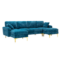 Living Room Sectional Sofa with Chaise Lounge, Ottoman and Pillows, Teal Blue