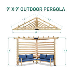 9x9ft Patio Solid Wood Pergola with Corner Seating and Table
