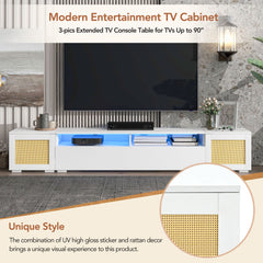 Rattan Style TV Stand with Push to Open Doors, 3-pics Extended TV Console Table & Color Changing LED Lights for TVs Up to 90”, White