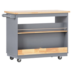 Rolling Mobile Kitchen Island with Solid Wood Top, 2 Drawers & Tableware Cabinet, Grey Blue