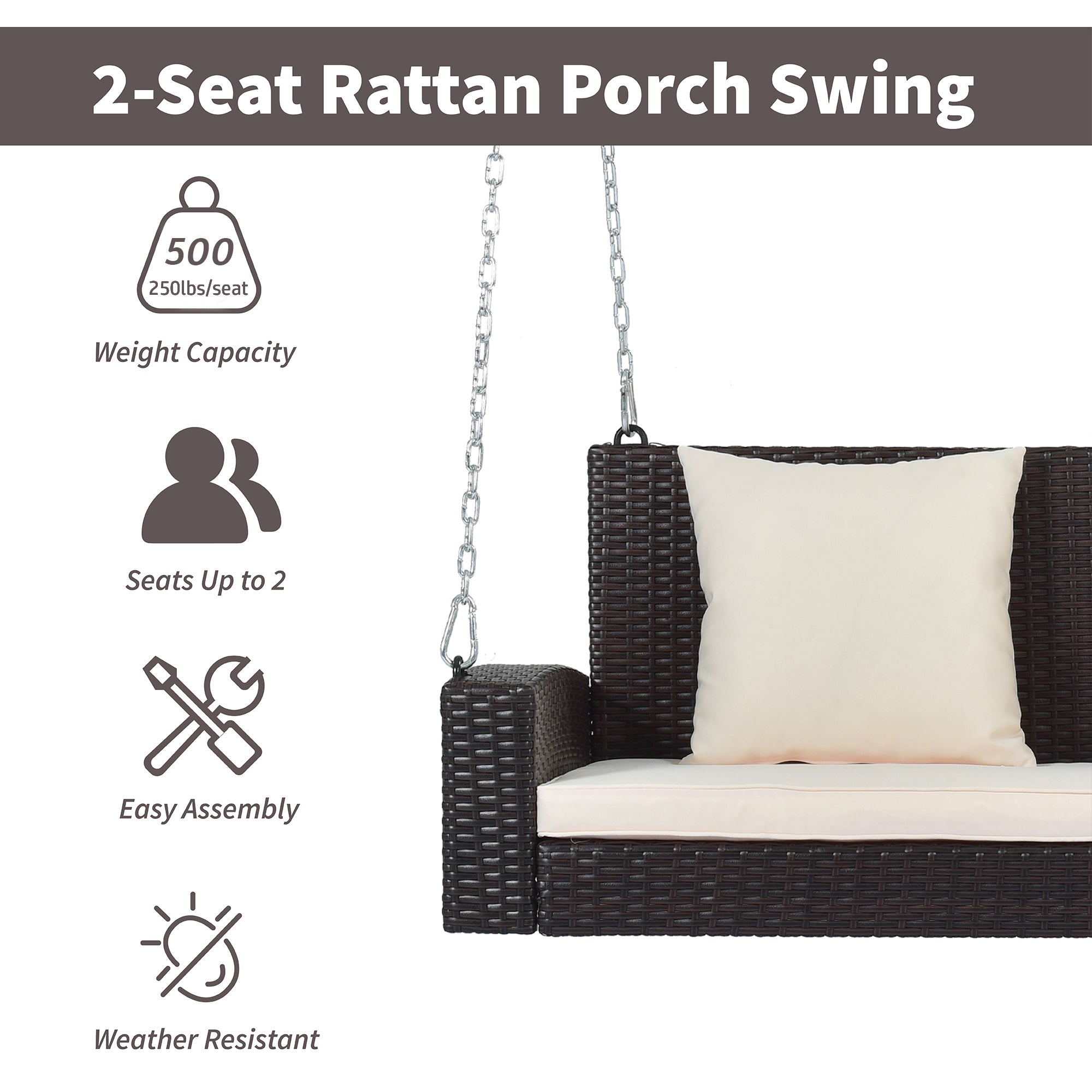 2-Seat Wicker Hanging Porch Swing Bench with Chains, Cushion, Pillow