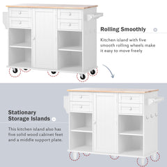 52.8" Width Kitchen Island Cart with Spice Rack, Towel Rack, Drawer, Rubber Wood Desktop & 5 Wheels Including 4 Lockable Wheels, White