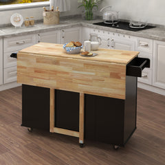 Kitchen Island with Spice Rack, Towel Rack & Extensible Solid Wood Table Top (Black)