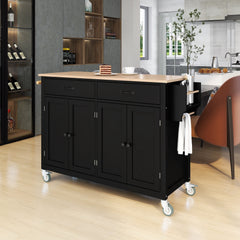 54.3" Kitchen Island Cart with Solid Wood Top, Locking Wheels, 4 Door Cabinets, Two Drawers, Spice Rack & Towel Rack, Black