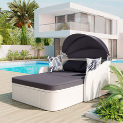 79.9" Outdoor Sunbed with Adjustable Canopy, Double lounge, PE Rattan Daybed, White Wicker, Gray Cushion