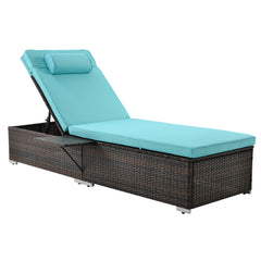 2 Pieces Outdoor Wicker Chaise Lounge Chair with Foldable Side Table, Blue Cushions & Head Pillow
