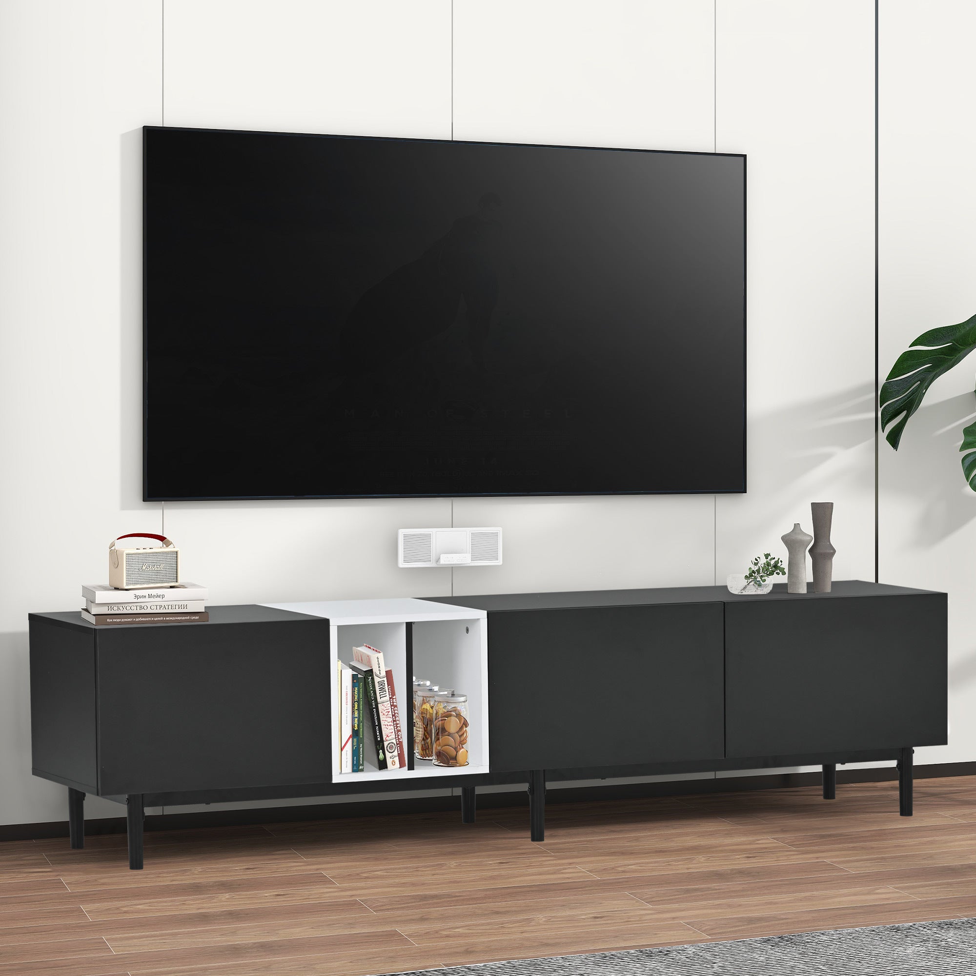 Modern TV Stand for 80'' TV with 3 Doors & Media Console Table, Black