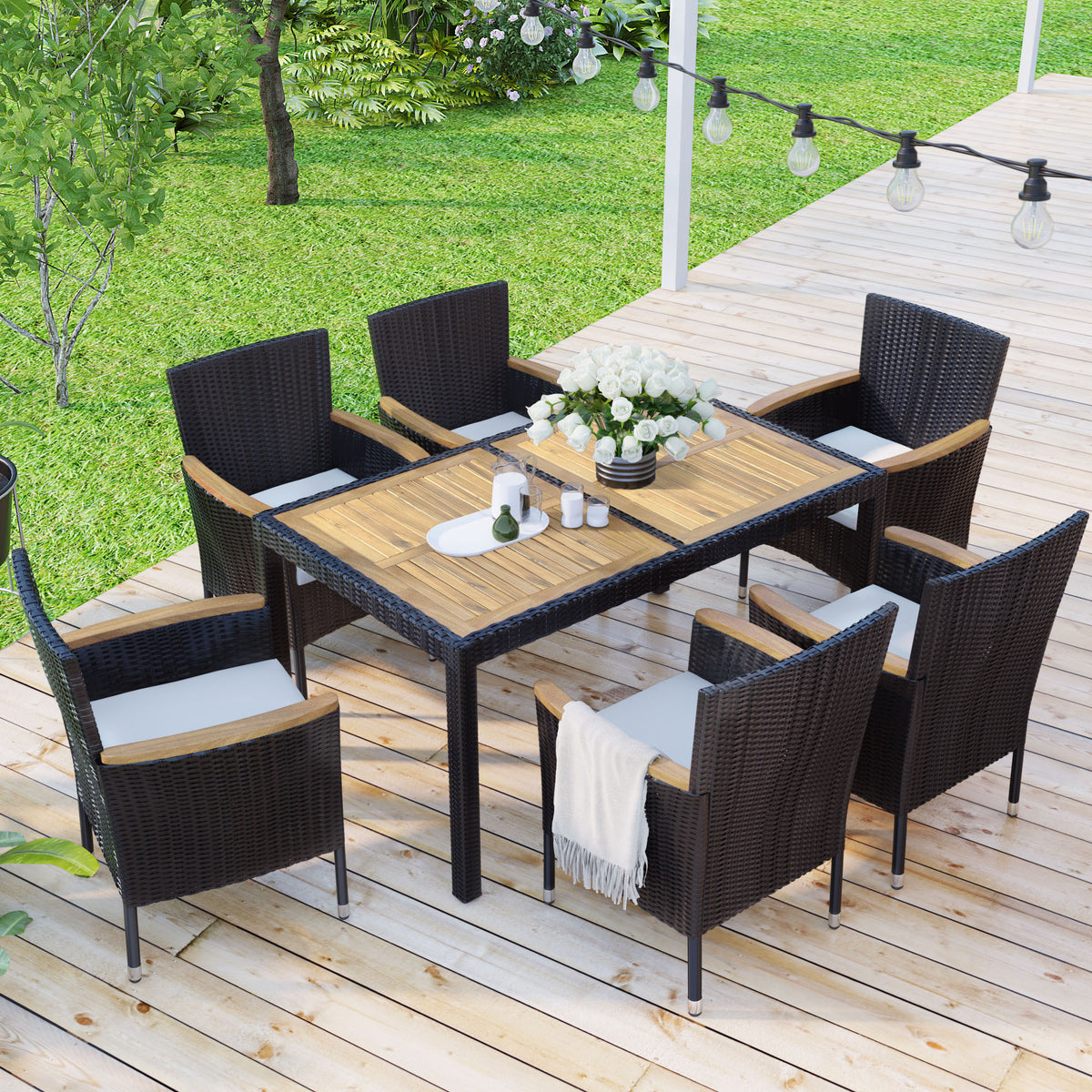 7-Piece Patio Dining Set, Garden Wicker Dining Table and Chairs Set, Acacia Wood Tabletop, Stackable Armrest Chairs with Cushions, Brown