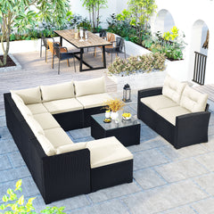 9-piece Outdoor Sectional Sofa Set, Black Wicker, Beige Cushion