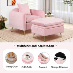 NOBLEMOOD 35.2" Modern Accent Chair with Metal Legs, Single Sofa Chair with Ottoman Footrest & Pillow for Boys Girls Adults Living Room Bedroom Office Small Spaces Apartment, Saving Space, Pink