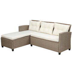 4 Piece Outdoor Wicker Sectional Sofa with Beige Cushion, Brown Rattan