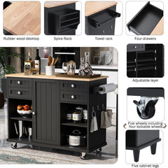 52.8" Width Kitchen Island Cart with Spice Rack, Towel Rack, Drawer, Rubber Wood Desktop & 5 Wheels Including 4 Lockable Wheels, Black