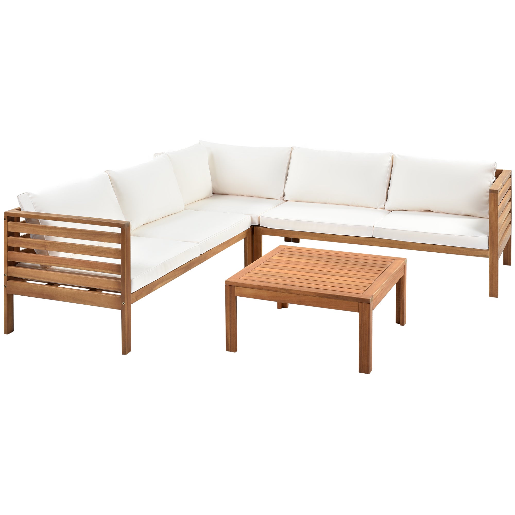 Outdoor Wood Sofa Set with Beige Cushions, Water-Resistant & UV Protected Texture, Coffee Table