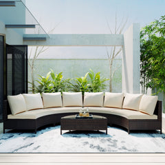 5 Pieces All-Weather Brown PE Rattan Sofa Half-Moon Sofa Set with Tempered Glass Table, Beige