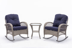 3 Pcs Patio Wicker Rocking Chair Set With Coffee Table and Cushions