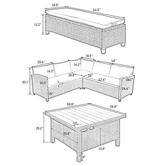 6-Piece Outdoor Wicker Sectional Sofa with Table and Benches