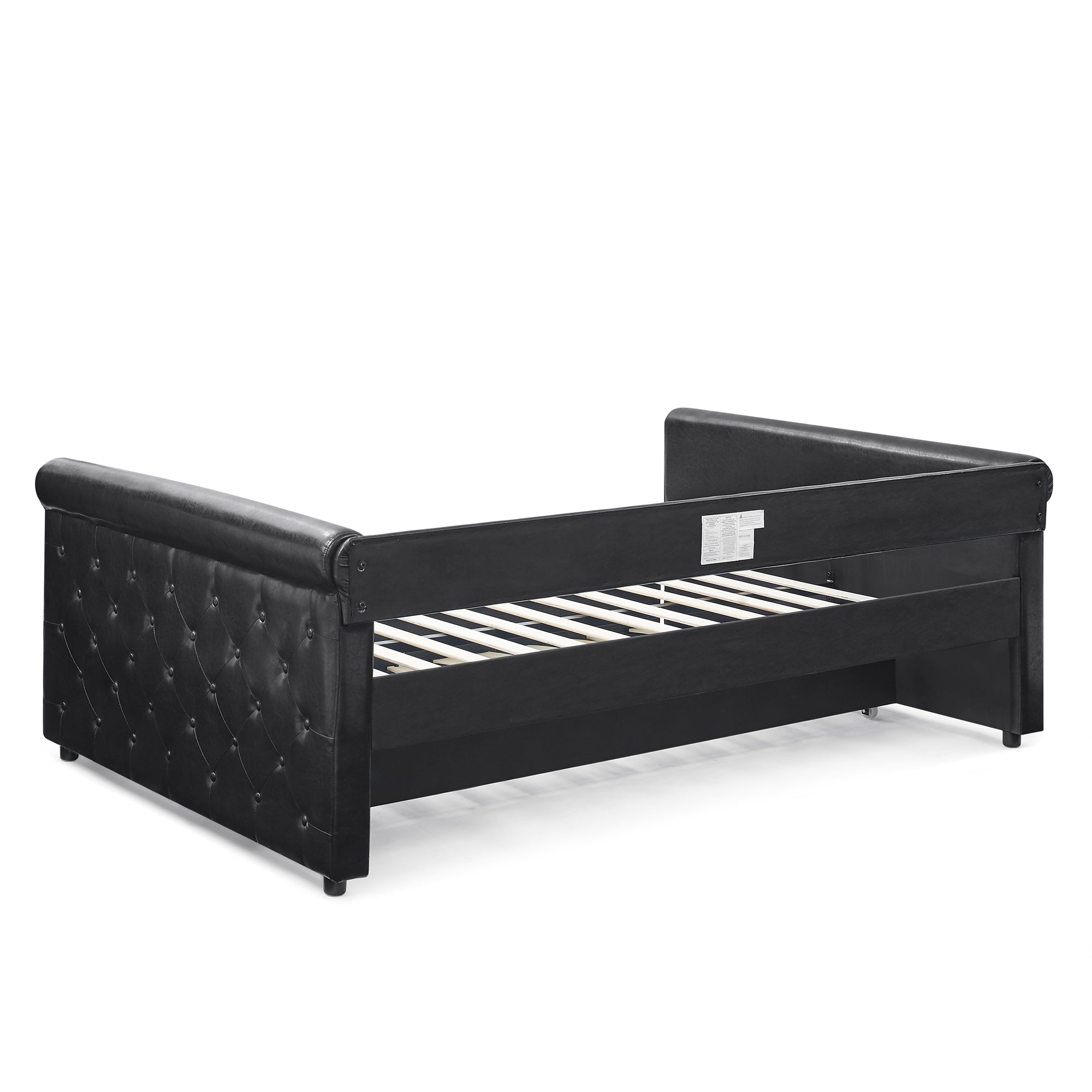 NOBLEMOOD Full Daybed with Twin Trundle Upholstered Tufted Sofa Bed, Black PU Leather
