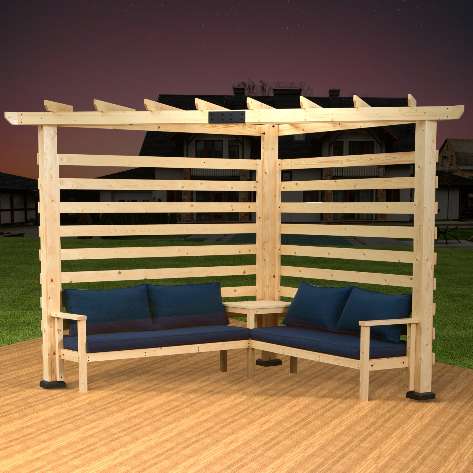 9x9ft Patio Solid Wood Pergola with Corner Seating and Table